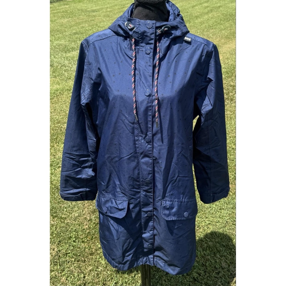 Helly Hansen Coat Womens Large Blue Hooded Polka Dot Full Zip Water Resistant